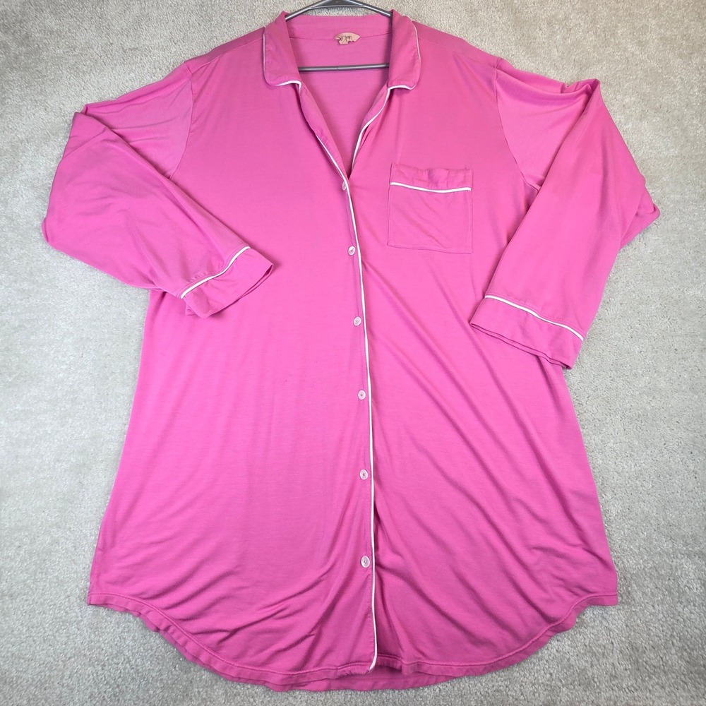 Eberjey Gisele Long Sleeve Sleep Shirt Pink Modal Button Down Nightgown XL